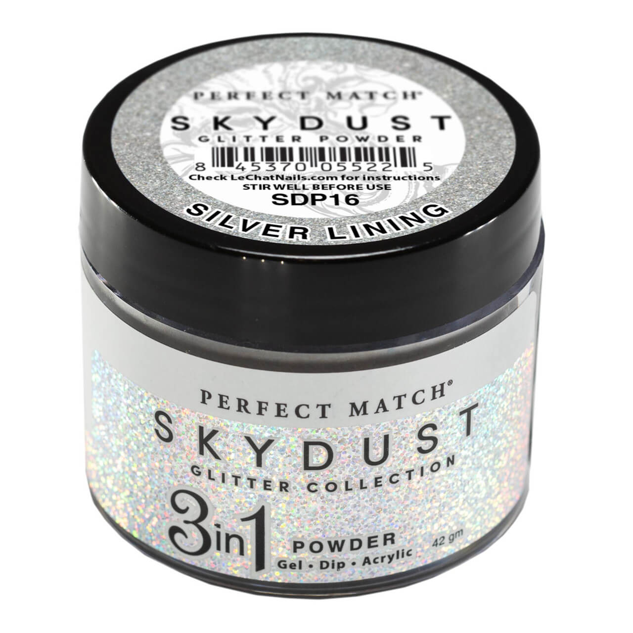 LeChat Perfect Match Sky Dust Glitter Powder - Silver Lining 1.48 oz - #SDP16 - Premier Nail Supply 