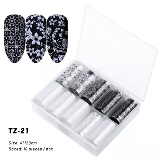 Transparent Black and White Flowers TZ-21 - Premier Nail Supply 