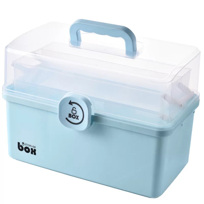 Box Organizer with 3-Tier Fold Tray,Portable  Handled Art Box, Blue /White - Premier Nail Supply 