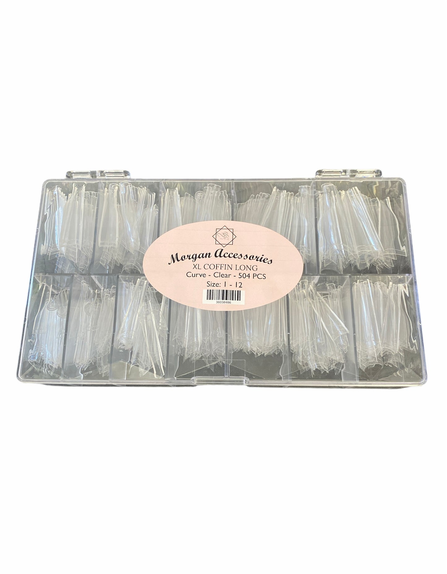 Morgan Accessories - XL Coffin Long Clear Curve size 1- 12 (540 pcs) - Premier Nail Supply 